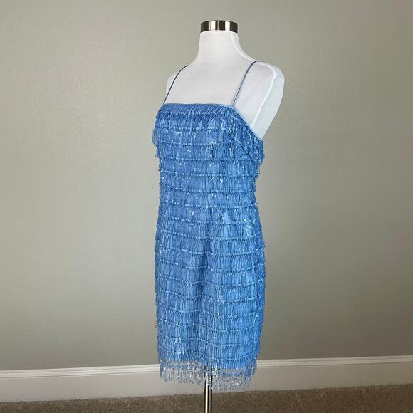 Aidan Mattox Sequined Fringe Mini Sheath Cocktail Dress Blue Size 6 Sleeveless - Picture 4 of 14